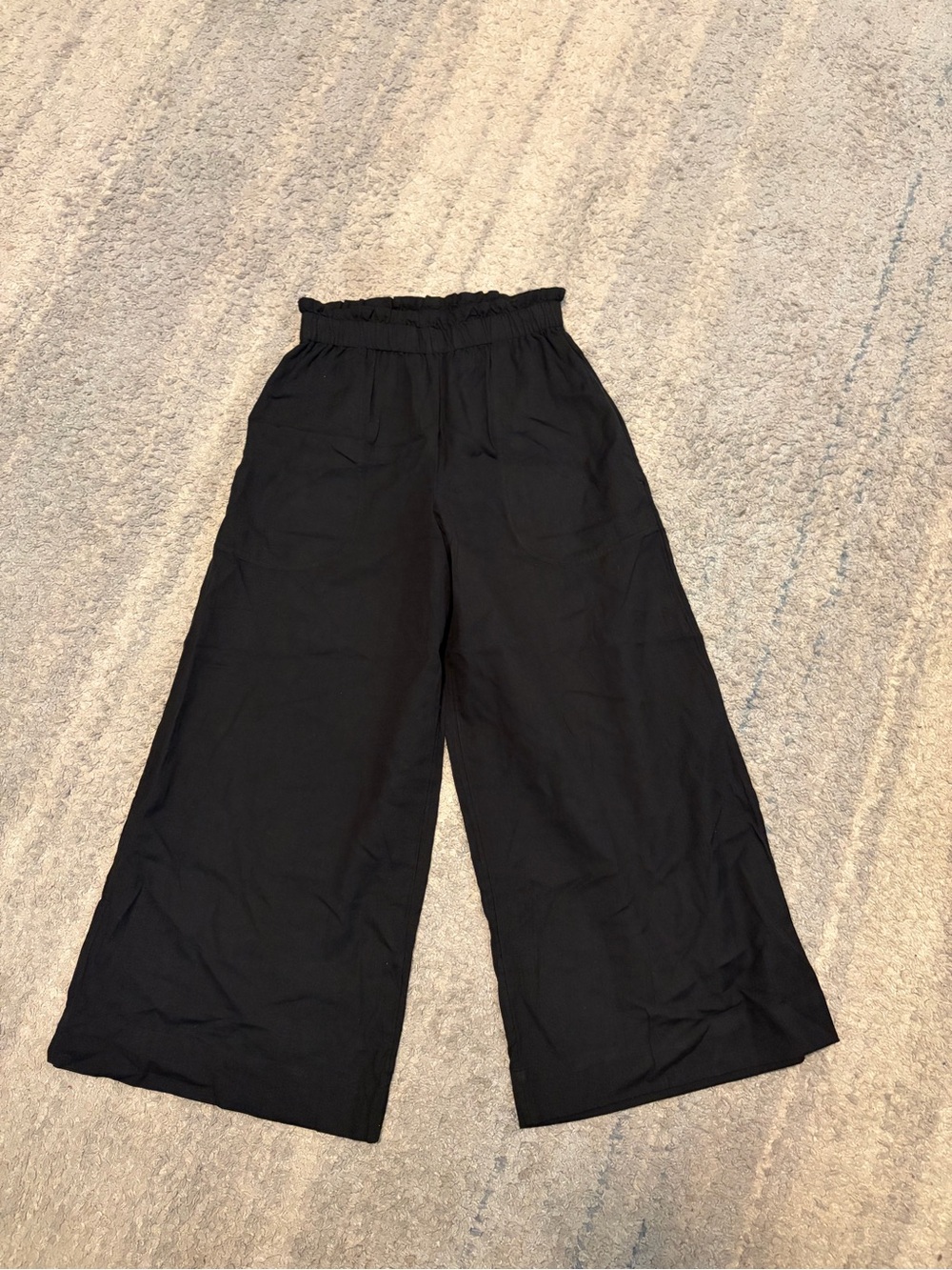 MIRTH Black Cotton Linen Wide Leg Pants Paperbag Elastic Waist Cropped XS